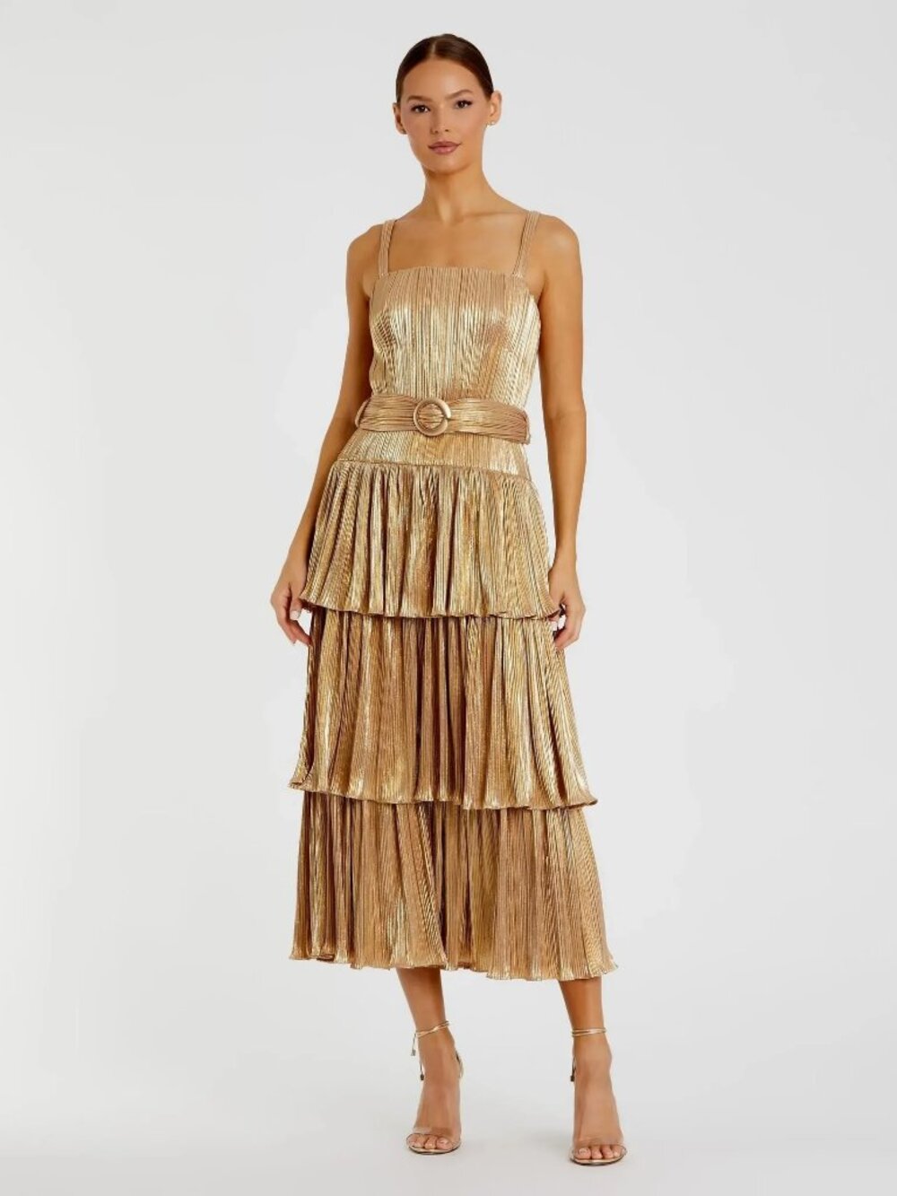 Gold Ruffle Tiered Buckle Detail Midi Party Dress Size 2